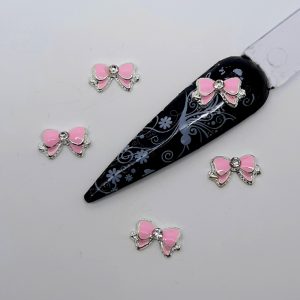 cute pink bow nail charms with gem