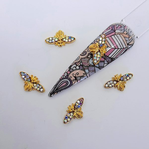 beautiful gold metal bee nail charms with sparkly wings