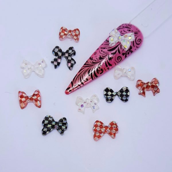 checked plaid ribbon bow nail charms in black, red and white