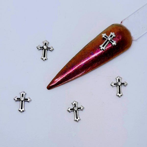 silver cross with gem nail charms
