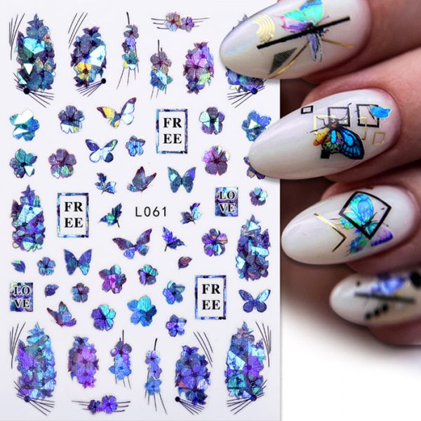 shiny blue flower and butterfly nail stickers
