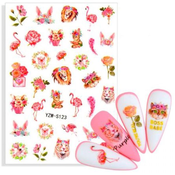 nail stickers with pink flowers and cute animals